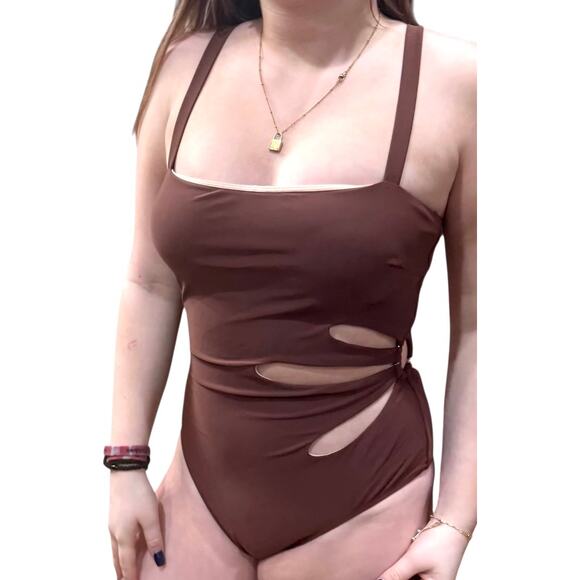 NEW Cupshe SWIMSUIT Women's MED Brown Square Neck Petal Cutout One PC Swimsuit - Picture 2 of 12